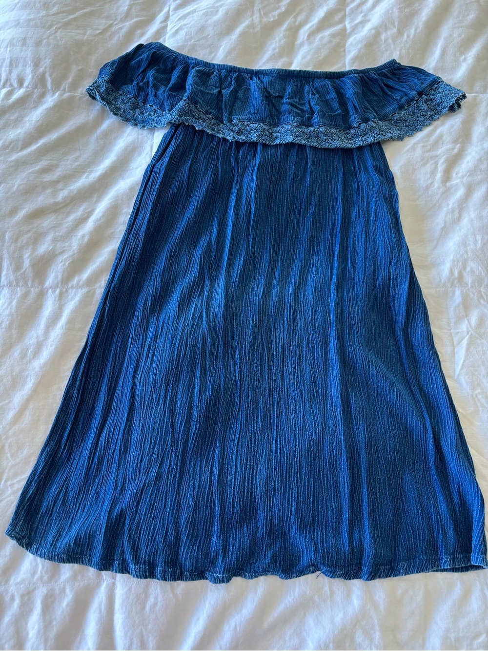 Style Envy Small Blue Off the Shoulder Lace Trim A-Line Knee Length Dress